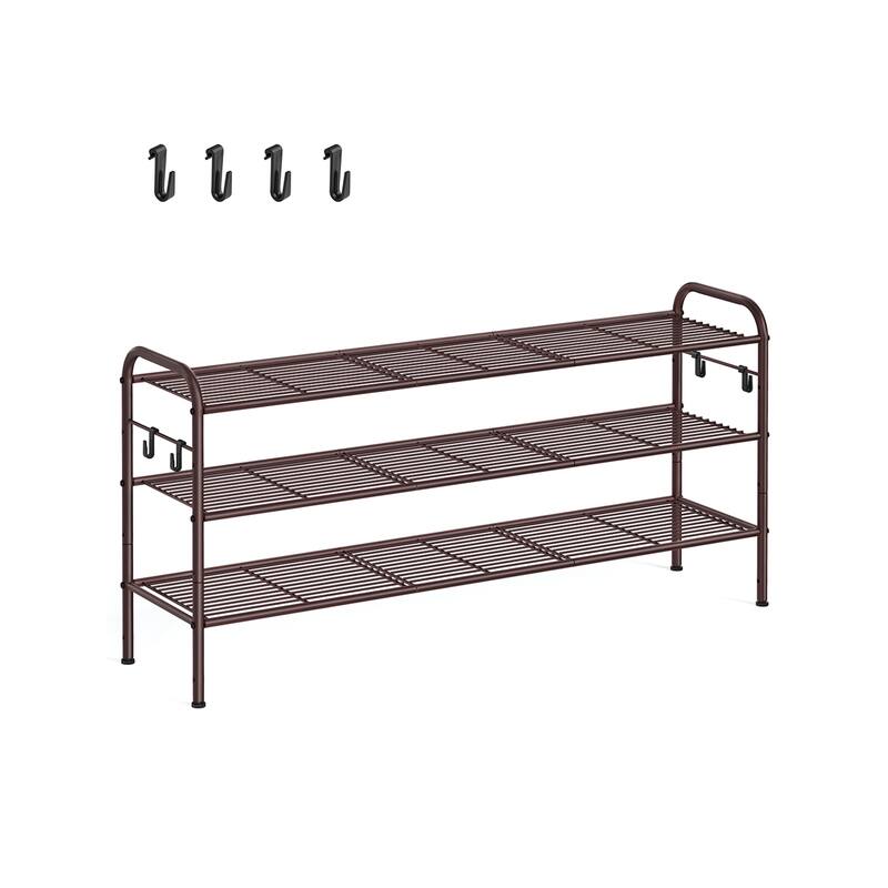 Moder Metal Shoe Rack Organizer with Shelf Storage with Side Hooks for Multiples Shoes Pairs - 3 Tier (11 x 44.9 x 20.8 Inches) - Chestnut Brown