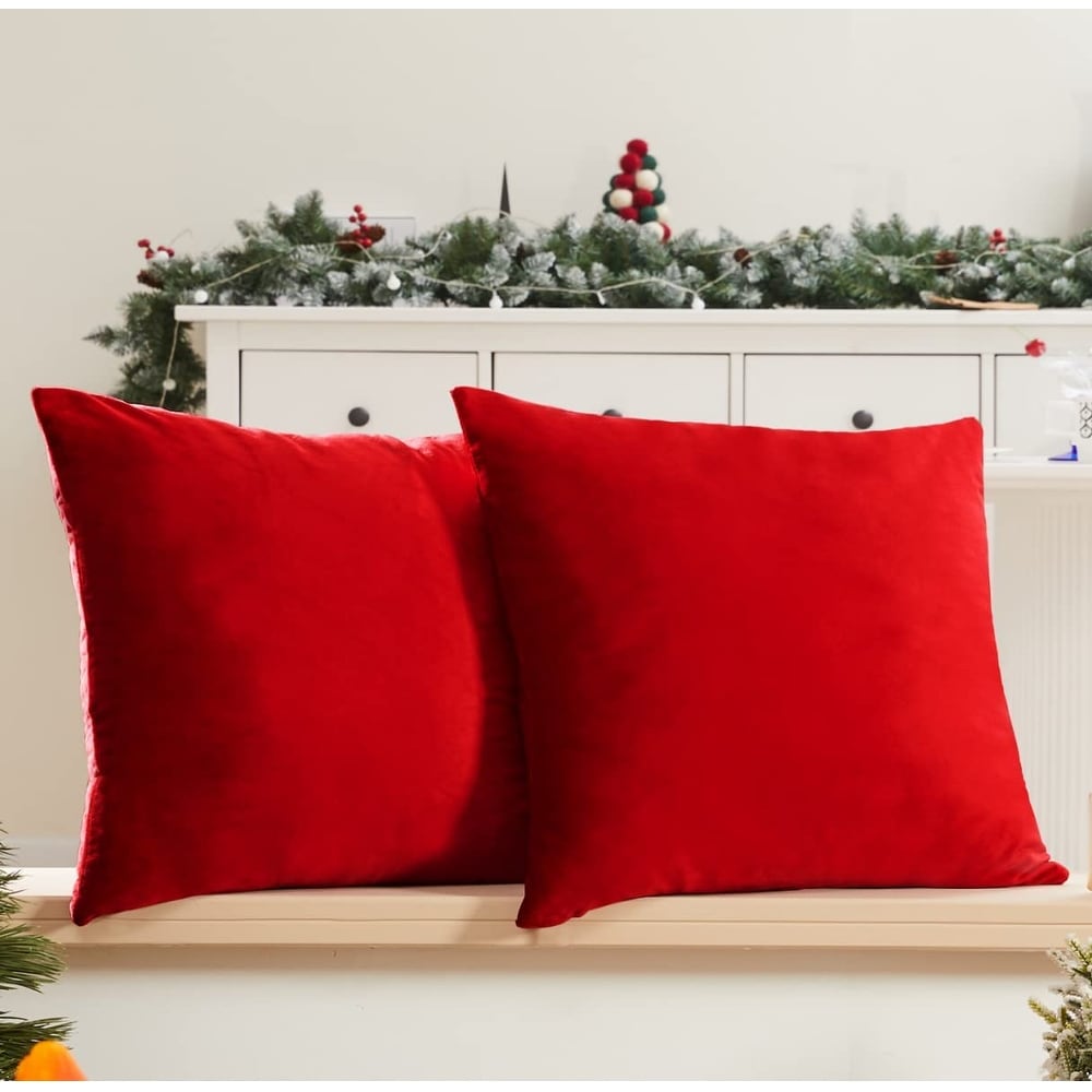 Luminous Red Felted Wool Plaid 23x23 Holiday Throw Pillow with