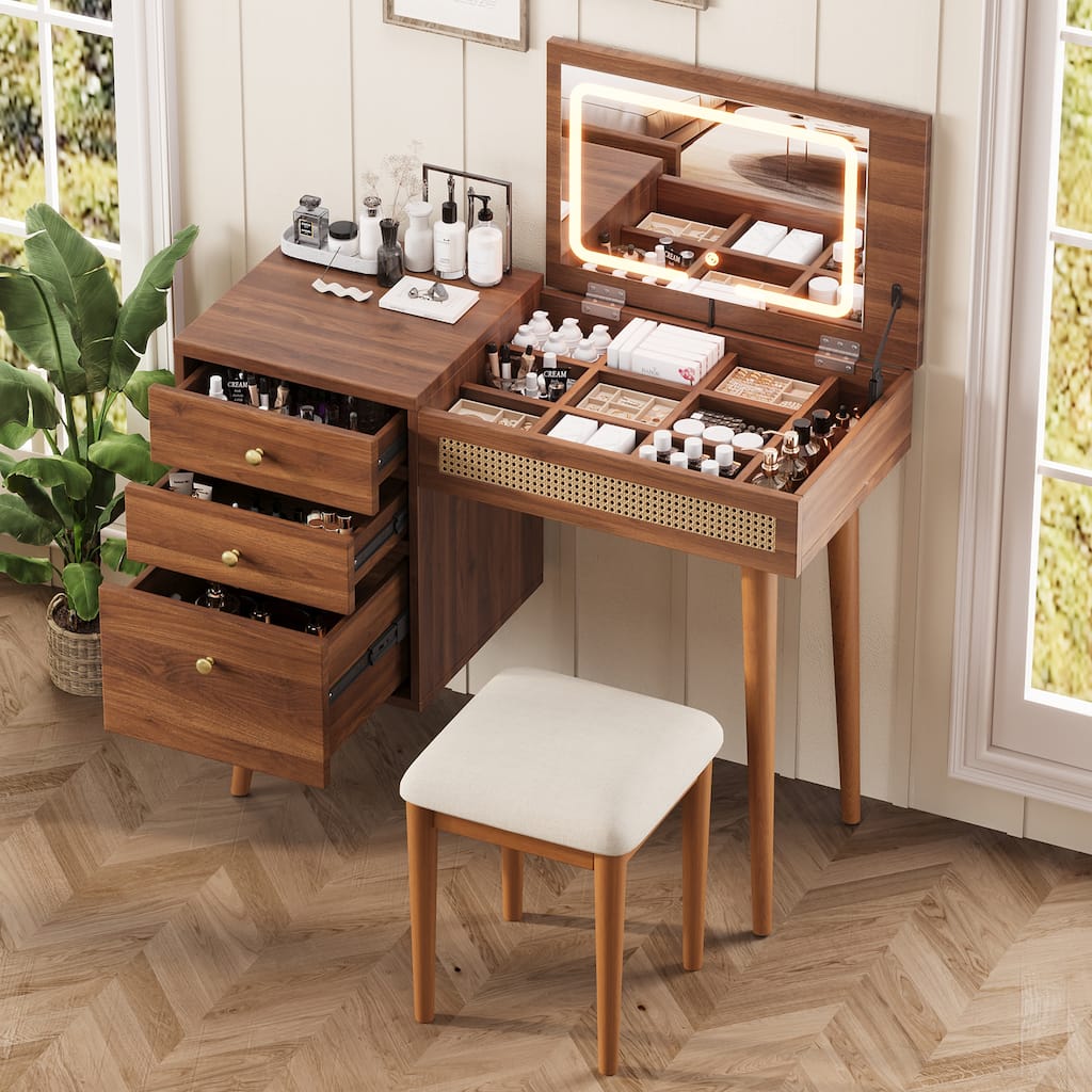 Bohemian Rattan Makeup Vanity Set with Stool, Wooden Vantiy Desk Walnut Dressing Table with Flip-Top Mirror & 3 Drawers