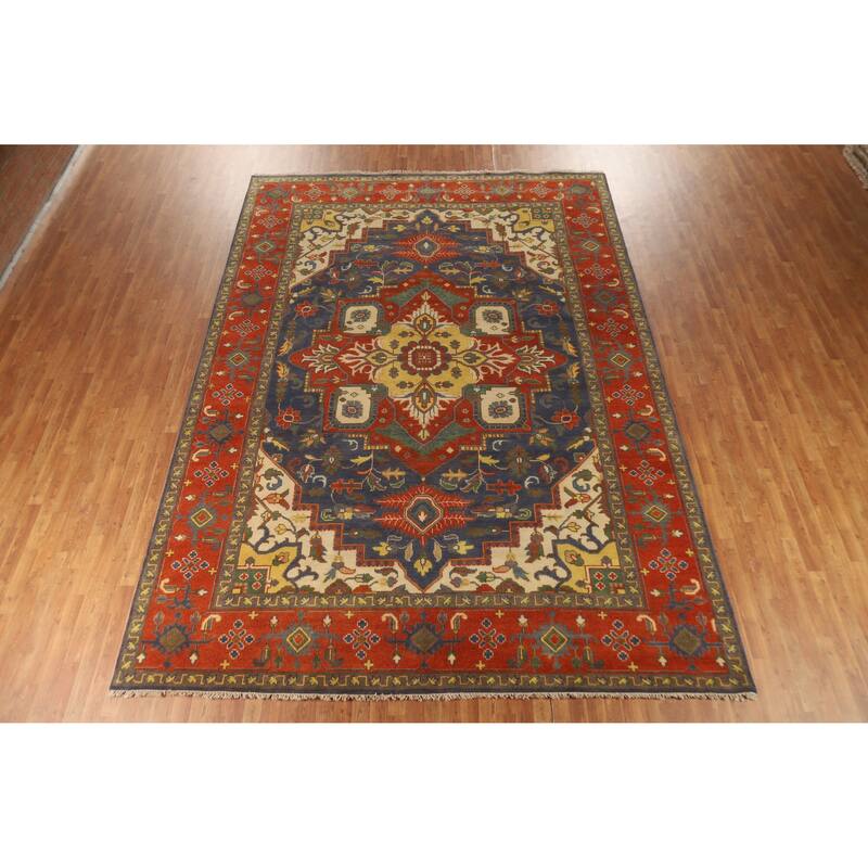 Hand Knotted Oriental 100% Wool Carpet Traditional Medallion Navy Blue & Blues Heriz (serapi) Area Rug - 14' 1'' X 9' 11''