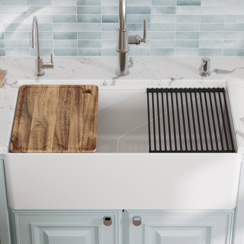 Karran 33" Single Bowl Workstation Fireclay Kitchen Sink with Reversible Fluted Apron Front