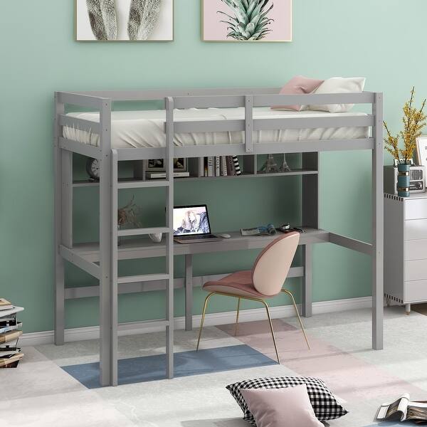 slide 2 of 9, Twin Size Loft Bed with Convenient Desk, Shelves, and Ladder