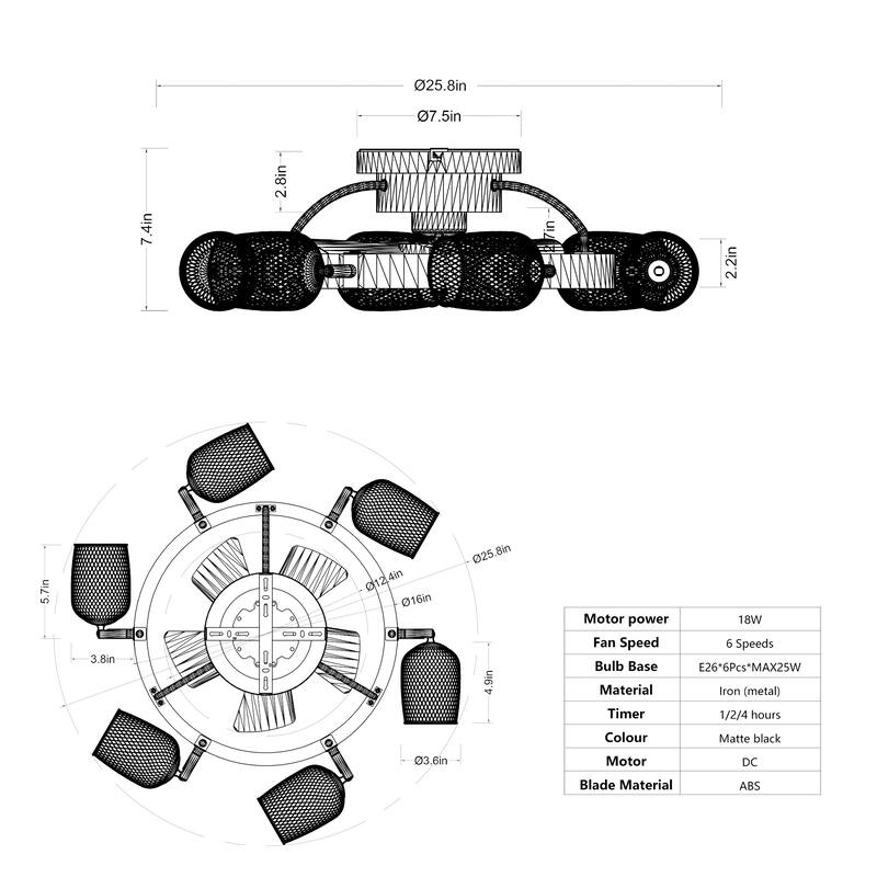 Cusp Barn 25.8'' Industrial Ceiling Fan with Remote, 5 ABS Blades Quiet DC Motor Black Fandelier Ceiling Fan for Bedroom