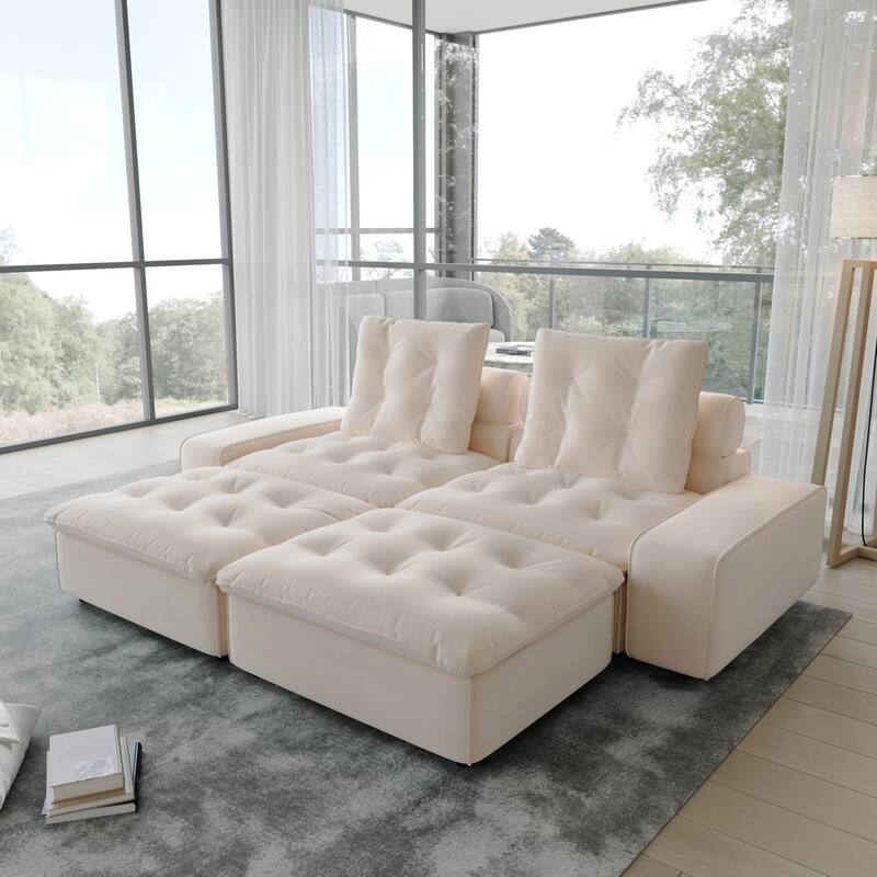 102.4" Oversized Down Filled Sectional Sofa for Living Room Frosted Fleece Minimalist Couches with Ottoman - Beige