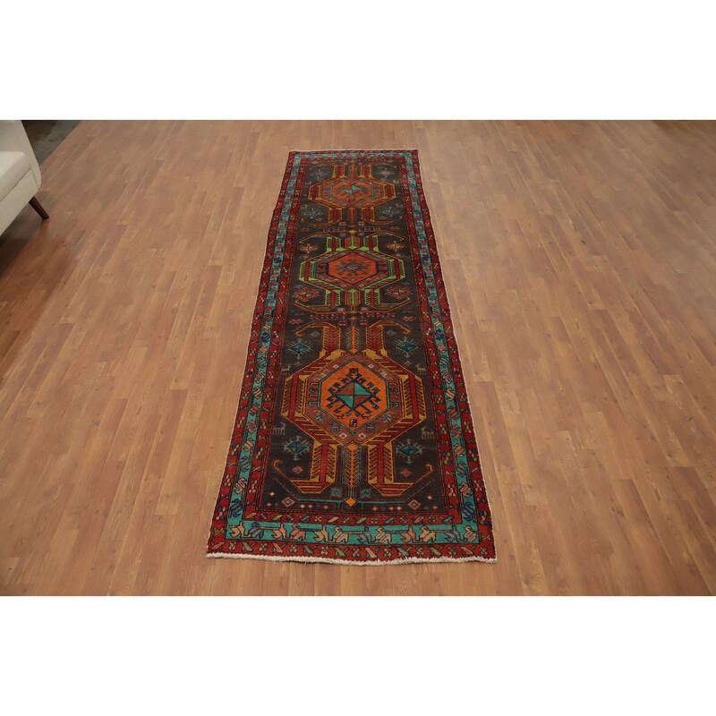 Hand Knotted Oriental 100% Wool Carpet Traditional Tribal Greys & Charcoal Ardebil Runner Rug - 11' 2'' X 3' 3''