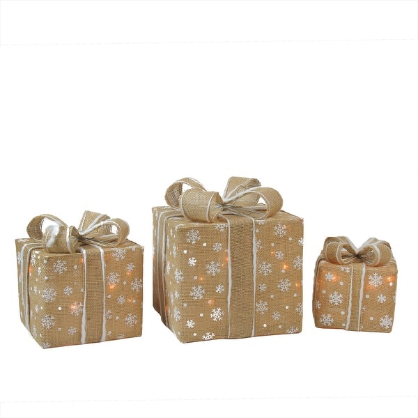 Shop Set Of 3 Lighted Natural Snowflake Burlap Gift Boxes