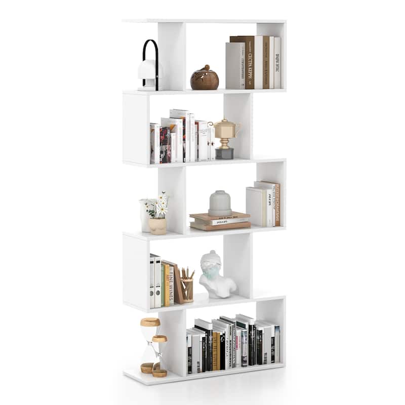 5-Tier Bookshelf S-Shaped Bookcase Room Divider Storage Display Shelf - White
