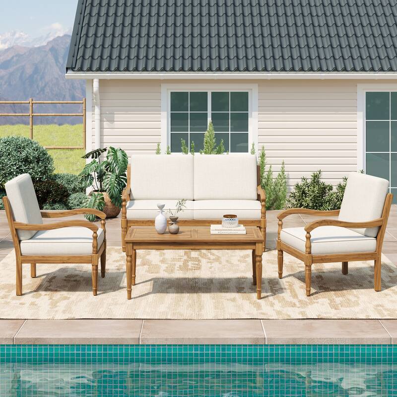 Roomfitters 4 Piece Outdoor Sofa Set Acacia Wood Deep Seating Patio Furniture, Natural Beige