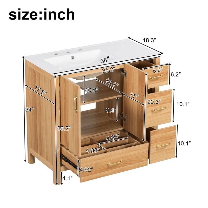 36" Bathroom Vanity with Ceramic Sink, 2 Soft Close Doors, 4 Drawers, Adjustable Shelf
