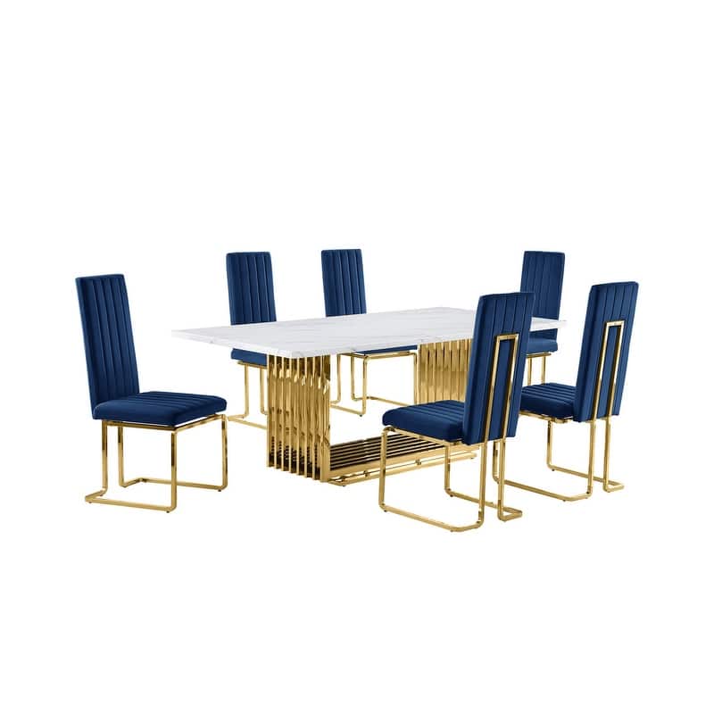 Best Quality Furniture D312/3-SC340-7 Dining Set with 79" White Marble Top
