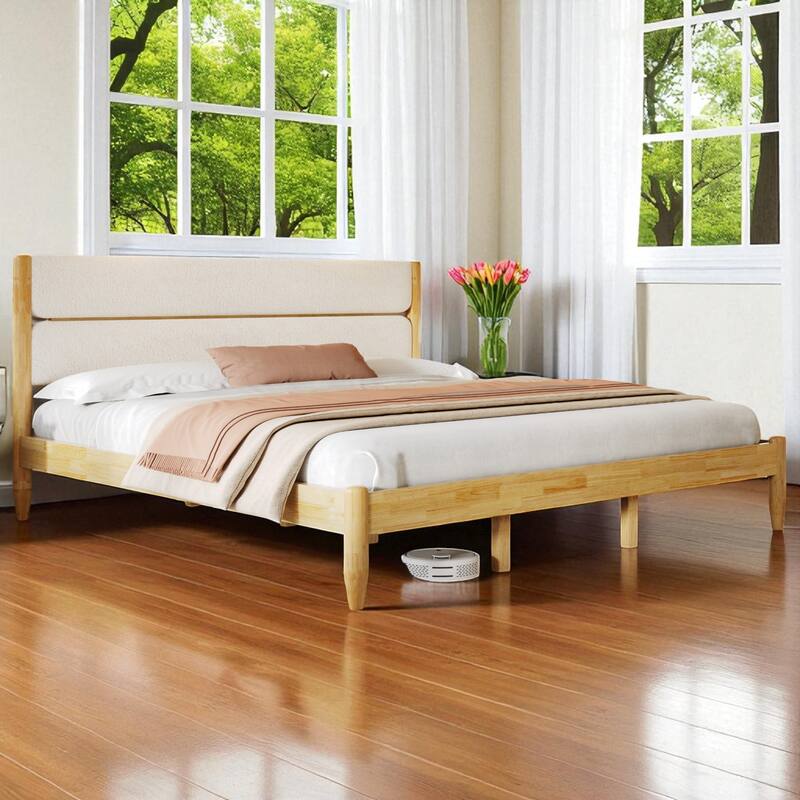 Queen/King Solid Wood Bed Frame with Fleece Upholstered Headboard and Tapered Legs, No Box Spring Needed