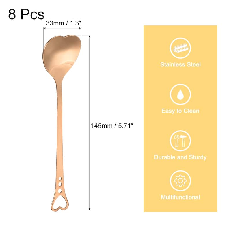 8Pcs 5.7" Stainless Steel Heart Shape Spoons Coffee Spoon Teaspoon - Rose Gold