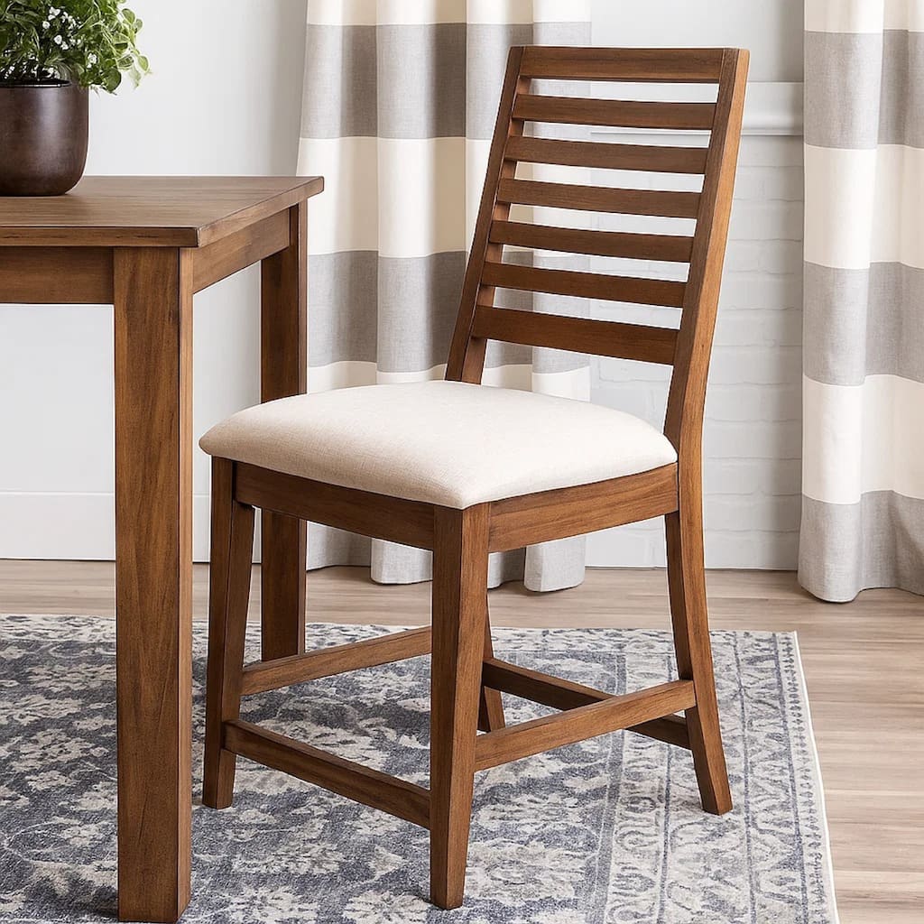 Yael Counter Height Stool Set of 2, Ivory White, Light Brown Wood