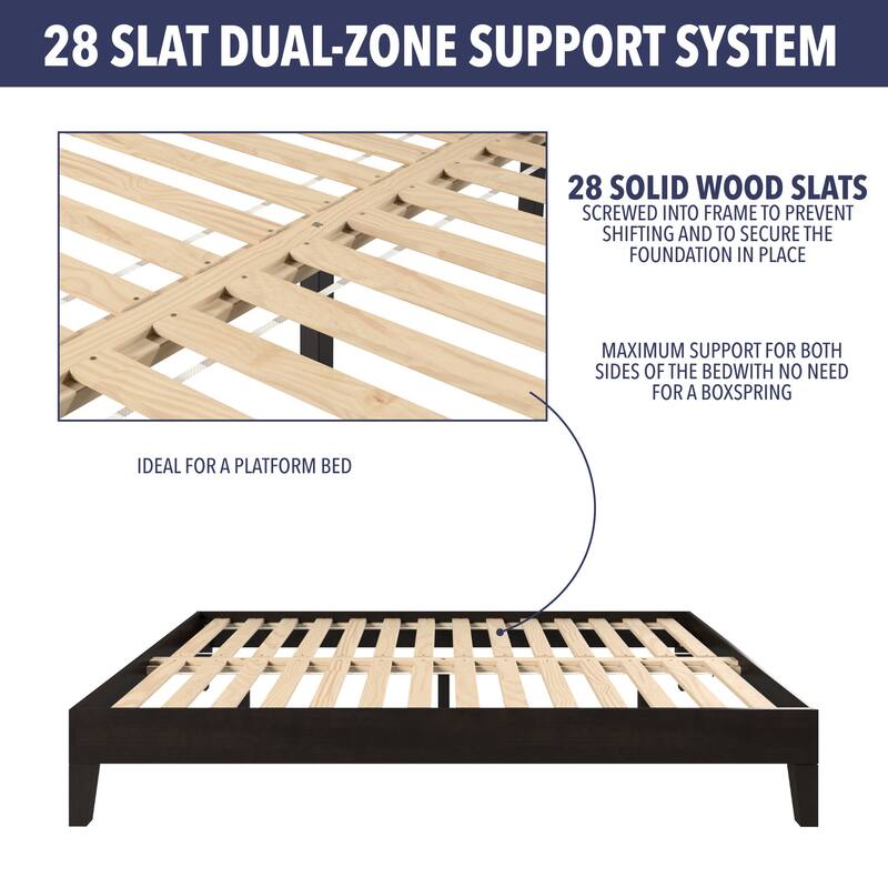 Full Size Platform Bed Frame with 28-Slat Support System, Solid Pine Construction, 6.5-Inch Under-Bed Clearance