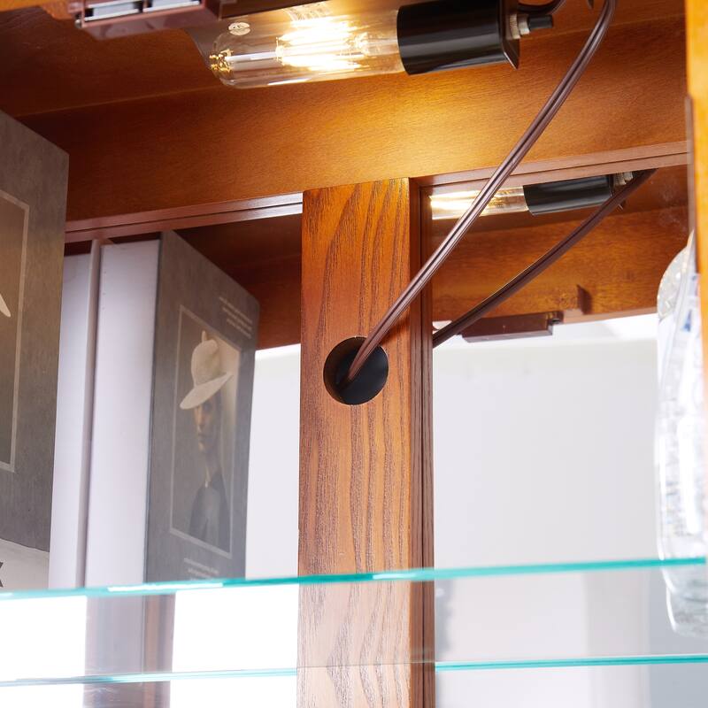 Lighted Glass Display Cabinet with Adjustable Shelves, Wood Frame and Six-Tier Design, Bulb Included