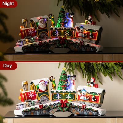 Glitzhome 20"L Lighted Christmas Santa Train Resin Village with Movement and Music
