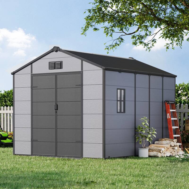 EROMMY Outdoor Storage Shed with Built-In Floor, Lockable Double Doors & Sloped Roof, Gray/Black