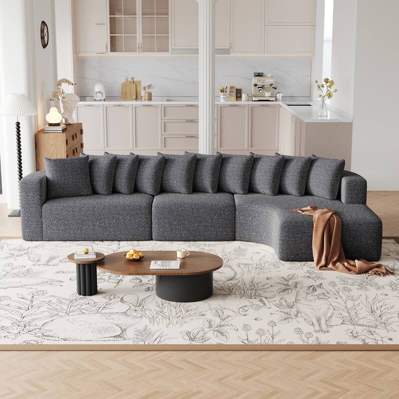 Living Room Chenille Corner Couch Curved Sectional Sofa with Chaise and 10 Pillows, Floor Standing Modular Compressed Sofa