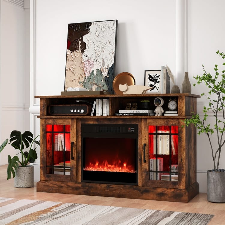 MDF Fireplace TV Stand with RGB LED, Remote and Storage - 48" L x 16" W x 29" H