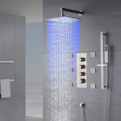 16" LED Wall Mount Rainfall 3 Way Thermostatic Shower System with Slide Bar, 6 Jets