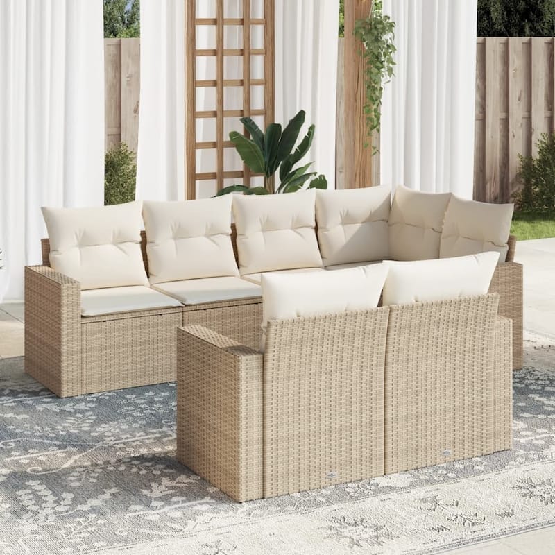 vidaXL Patio Sofa Set with Cushions Outdoor Furniture 7 Piece Poly Rattan - 24.4 x 25.8 x 27.2 - Beige and cream