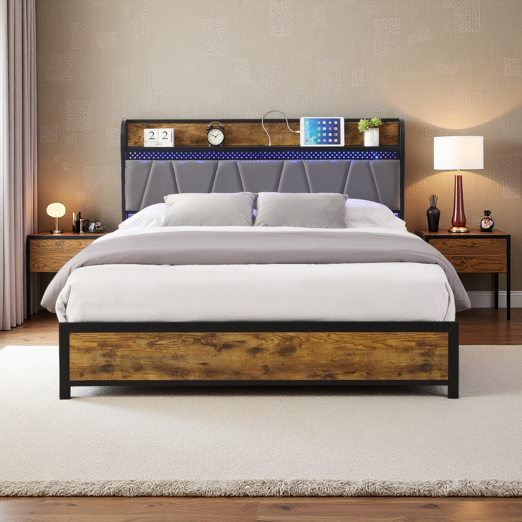MDF Storage Bed Frame with Storage Headboard, Charging Station, and 4 Drawers