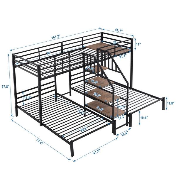 dimension image slide 1 of 2, Metal Twin over Twin & Twin Bunk Bed with Storage Shelves Staircase, Triple Bunk Bed Frame, No Box Spring Needed for Kids