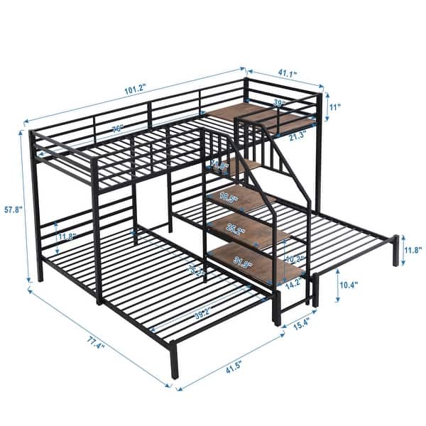 dimension image slide 1 of 2, Twin Metal Bunk Bed, Triple Bunk Bed Frame w/ Storage Shelves Staircase