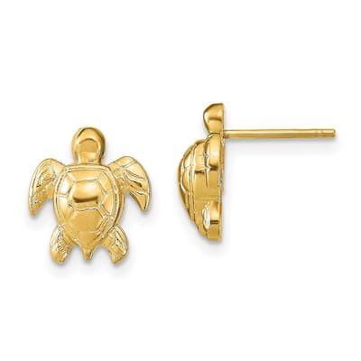 Curata 14k Yellow Gold Mini Textured Sea Turtle Post Earrings 11.2mm