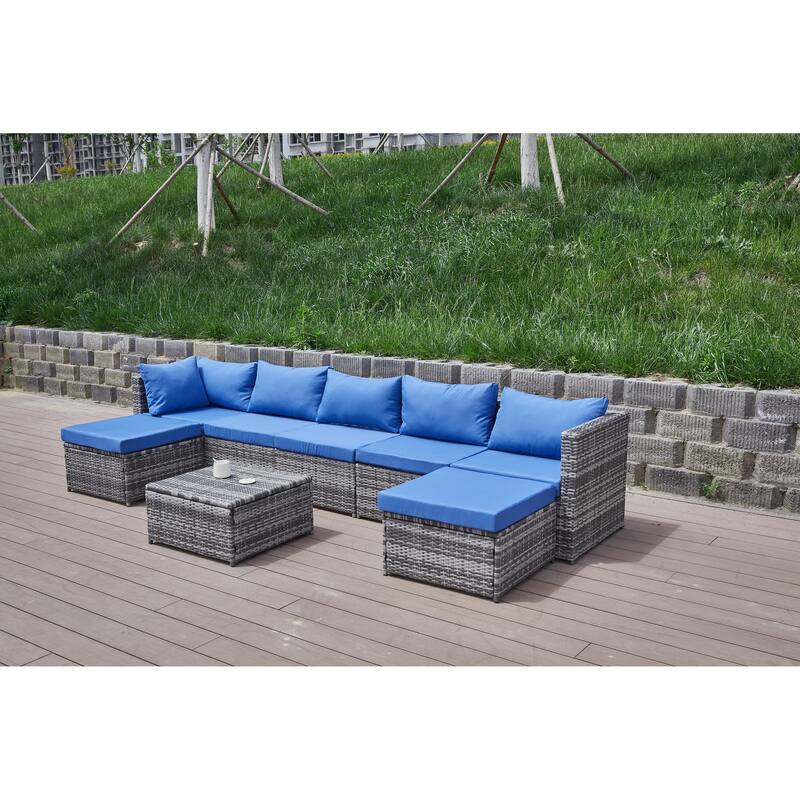 8 Pcs Patio Sectional Sofa Set, All-Weather Outdoor PE Rattan Wicker Conversation Furniture Set with Cushions and Tea Table