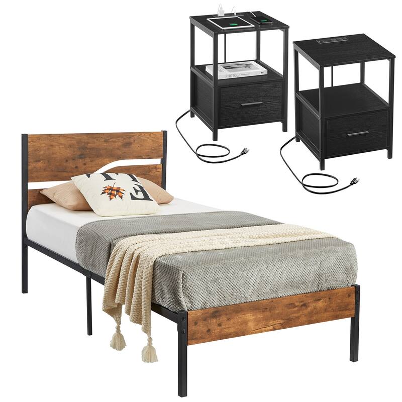 3-pieces Bedroom Set Platform Bed Frame Set of 2 Nightstands with Charging Station USB Port - Brown Bed-Black Nightstands - Twin