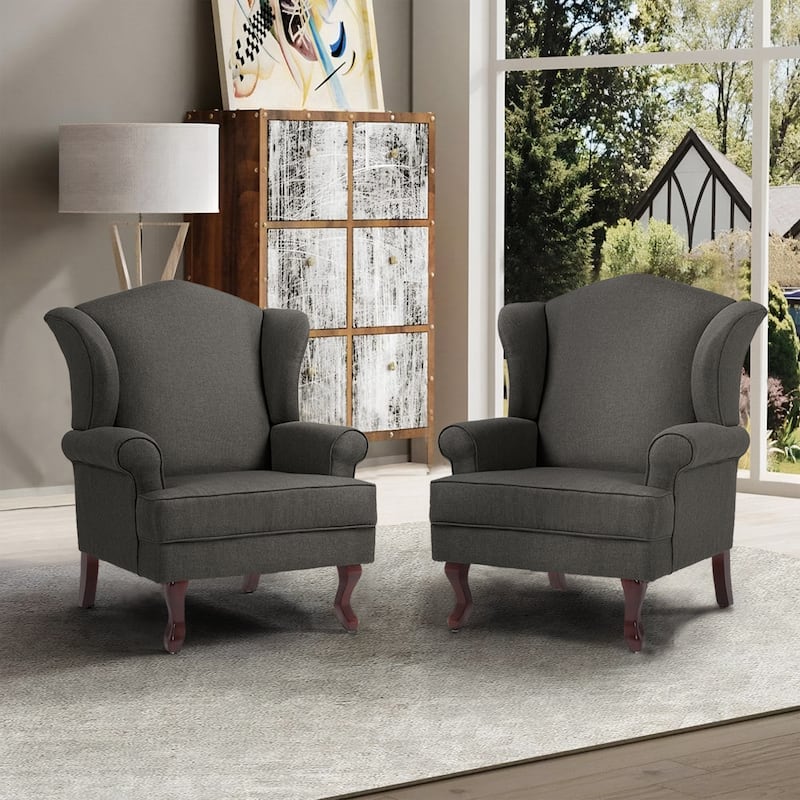 2 Set Traditional Wingback Accent Chairs Upholstered Armchair - Dark Gray