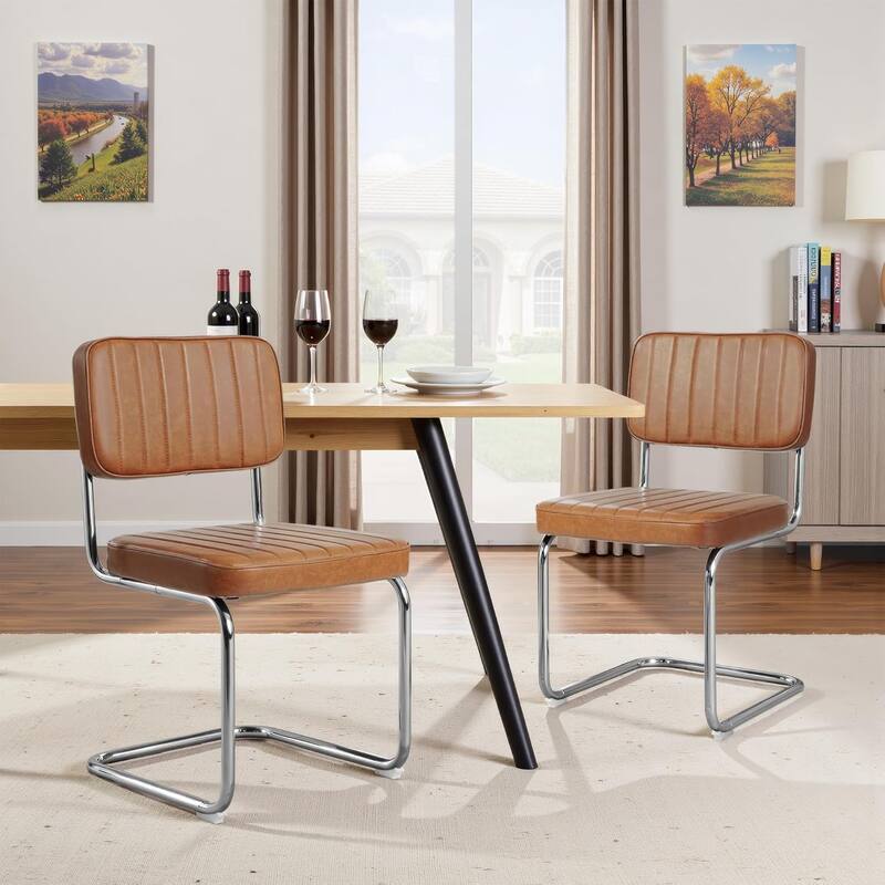 Faux Leather Mid-Century Modern Upholstered Armless Chairs with Metal Legs,Brown,Set of 2