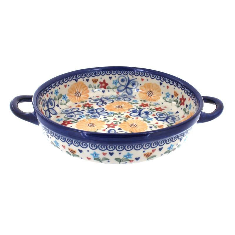 Blue Rose Polish Pottery 152 Vena Small Round Baker with Handles - Butterfly