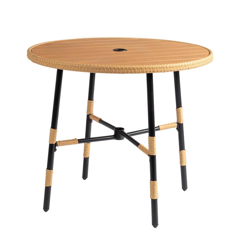 Round Outdoor Patio Weather-Resistant Dining Table with Umbrella Hole and Rattan Edge for 4 Seats - 35.4” x 35.4” x 29.9”
