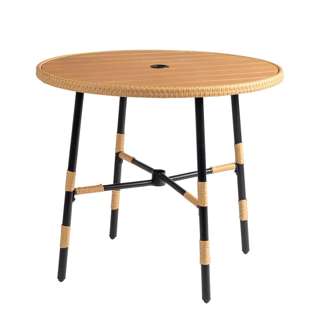 Round Outdoor Patio Weather-Resistant Dining Table with Umbrella Hole and Rattan Edge for 4 Seats - 35.4” x 35.4” x 29.9”