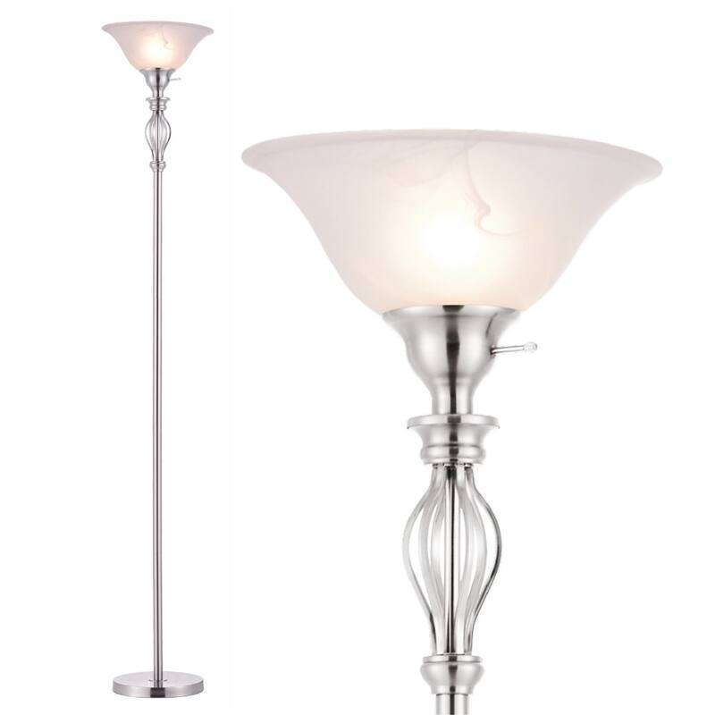 LIGHTACCENTS Floor Lamp for Living Room with Alabaster Glass Shade - Stand Up Torchiere Lamp - Durable Iron Scrollwork - 72 Inches x 12 Inches - Chrome