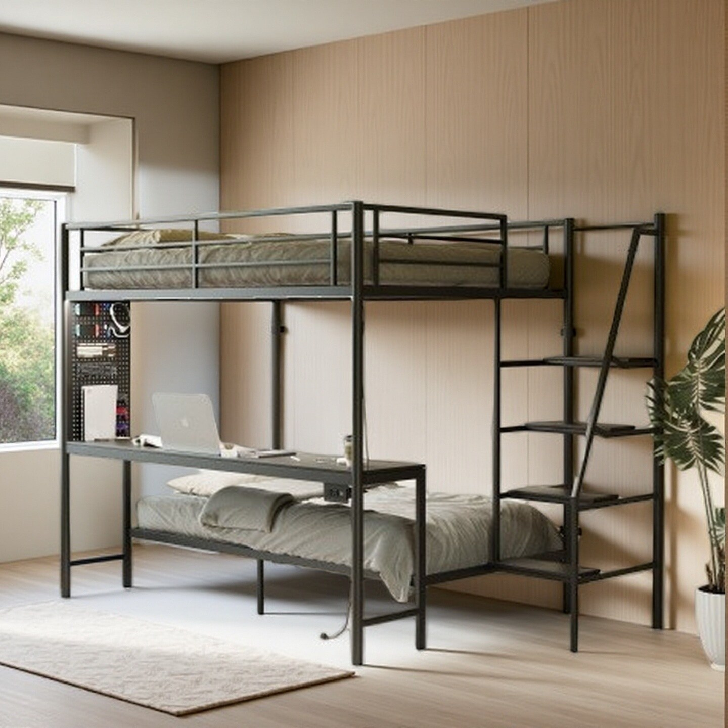 Full-Size Loft Bed with Built-In Desk, RGB LED Lights, Charging Station, Storage Stairs, and Guardrails