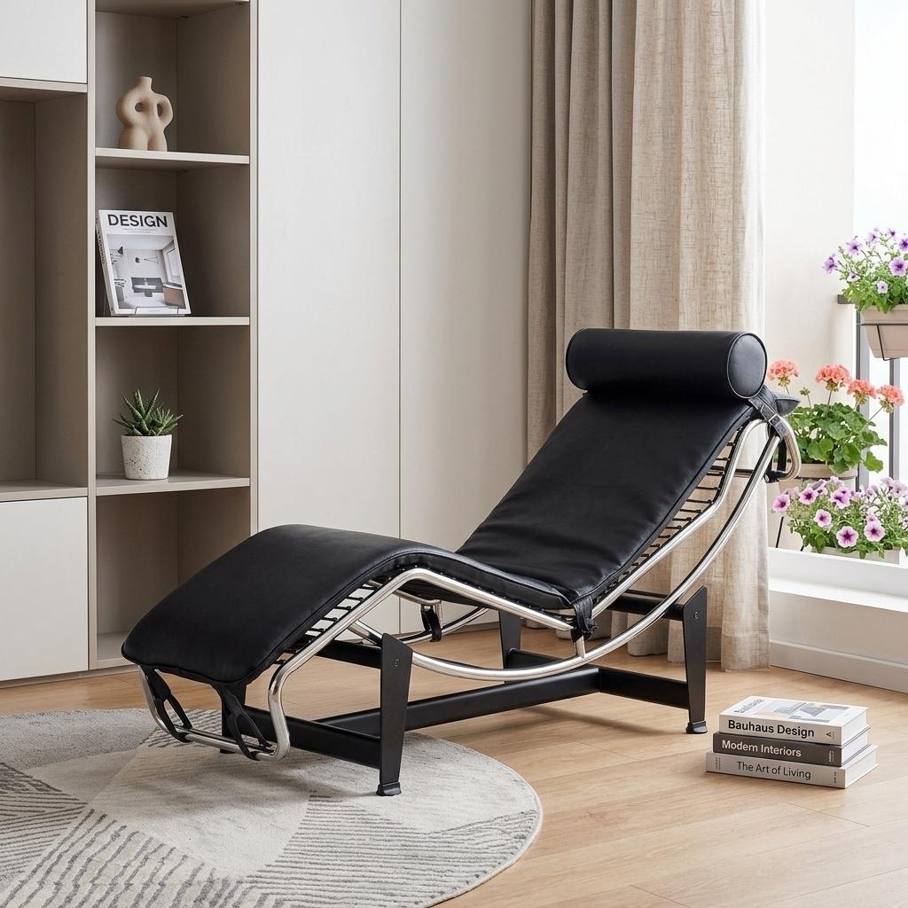 HomeRoots 61" Black And Silver Leather and Metal Adjustable Lounge Chair With Pillow - 60.63 in. x 24.41 in. x 22.05 in.