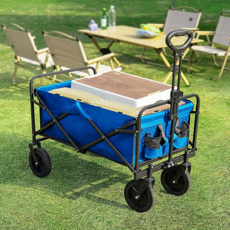 Collapsible Folding Wagon, Wagon Cart Foldable with Two Drink Holders, Utility Grocery Wagon for Camping Shopping Sports
