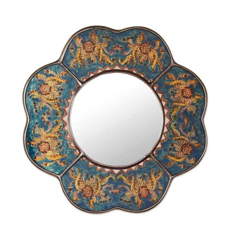 Handmade Reverse Painted Glass Blue Floral Mirror (Peru) - Multi - 16" x 16" - 16" x 16" - Multi