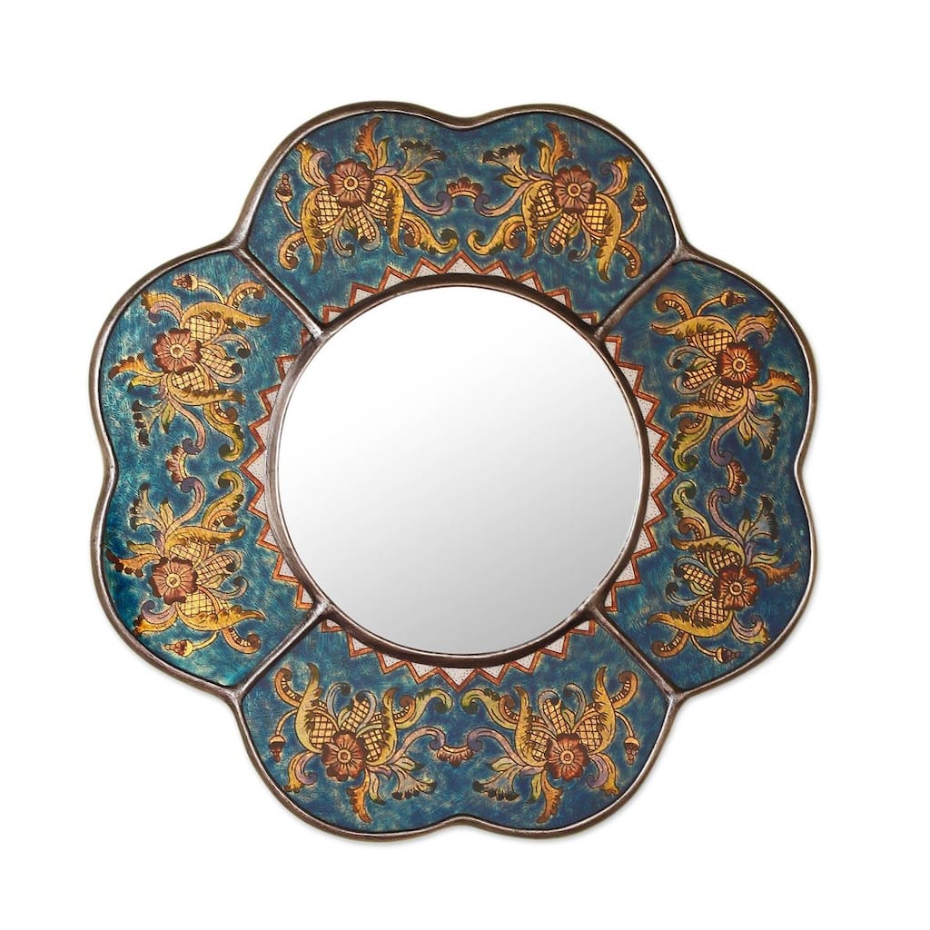 Handmade Reverse Painted Glass Blue Floral Mirror (Peru) - Multi - 16" x 16"