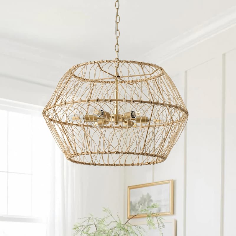 Vintage Gold 6-Light Geometric Handwoven Rattan Pendant Light Fixture