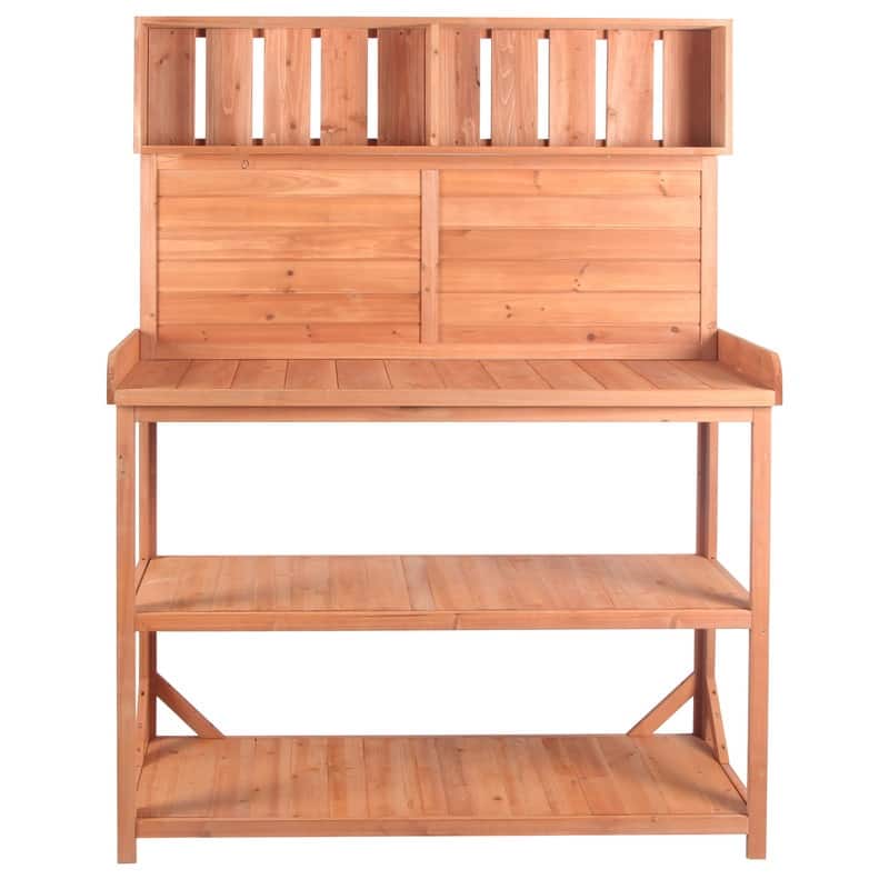 Large Wooden Outdoor Potting Bench Table, Patio Workstation, Garden Potting Bench with 4 Storage Shelves and Side Hook