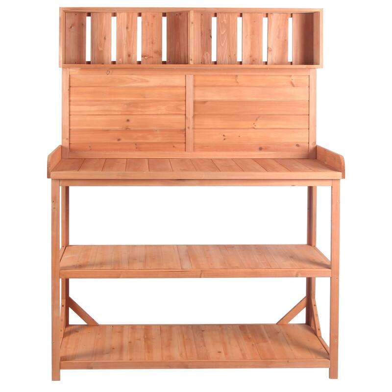 Outdoor Garden Potting Bench Table,Garden Potting Benches for Outside, Wooden Patio Workstation w/ 4 Storage Shelves & Side Hook