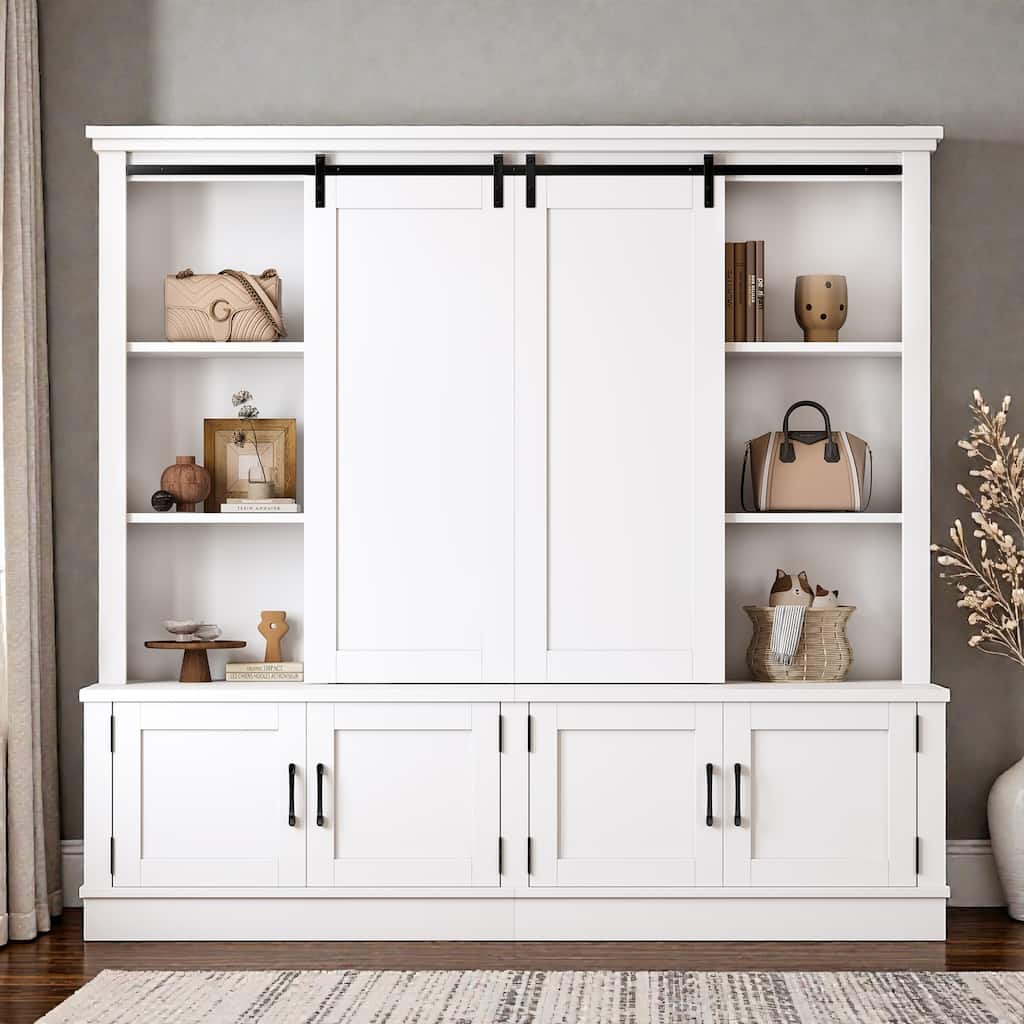 70.8 in Entryway Hall Cabinet with Sliding Barn Door, Multi-Tier Storage Shelves, 12 Compartments, Modern Mudroom Organizer