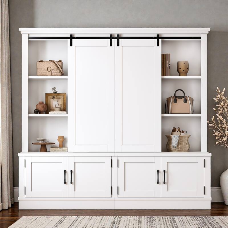 70.8 in Entryway Hall Cabinet with Sliding Barn Door, Multi-Tier Storage Shelves, 12 Compartments, Modern Mudroom Organizer - White