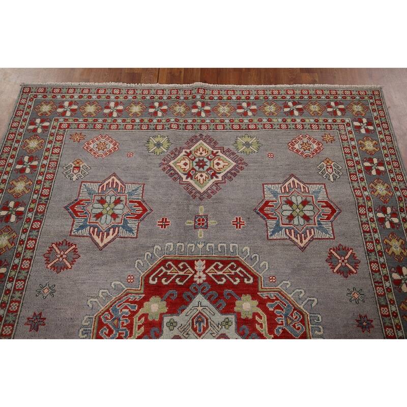 Traditional Kazak Oriental Area Rug Handmade Grey Wool Carpet - 5'7" x 7'11"