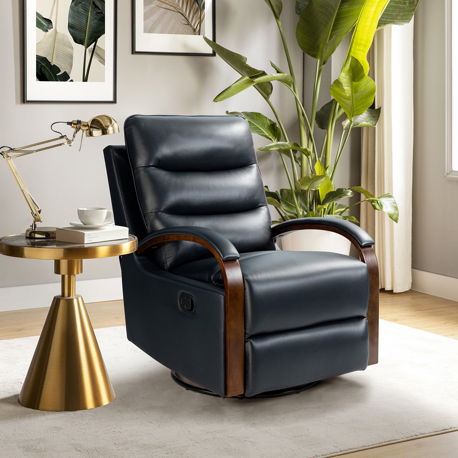 Rocker recliner with online wooden arms