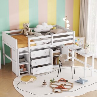 Pull-Out Desk Loft Platform Bed & Twin Size Storage Drawers Bed, White